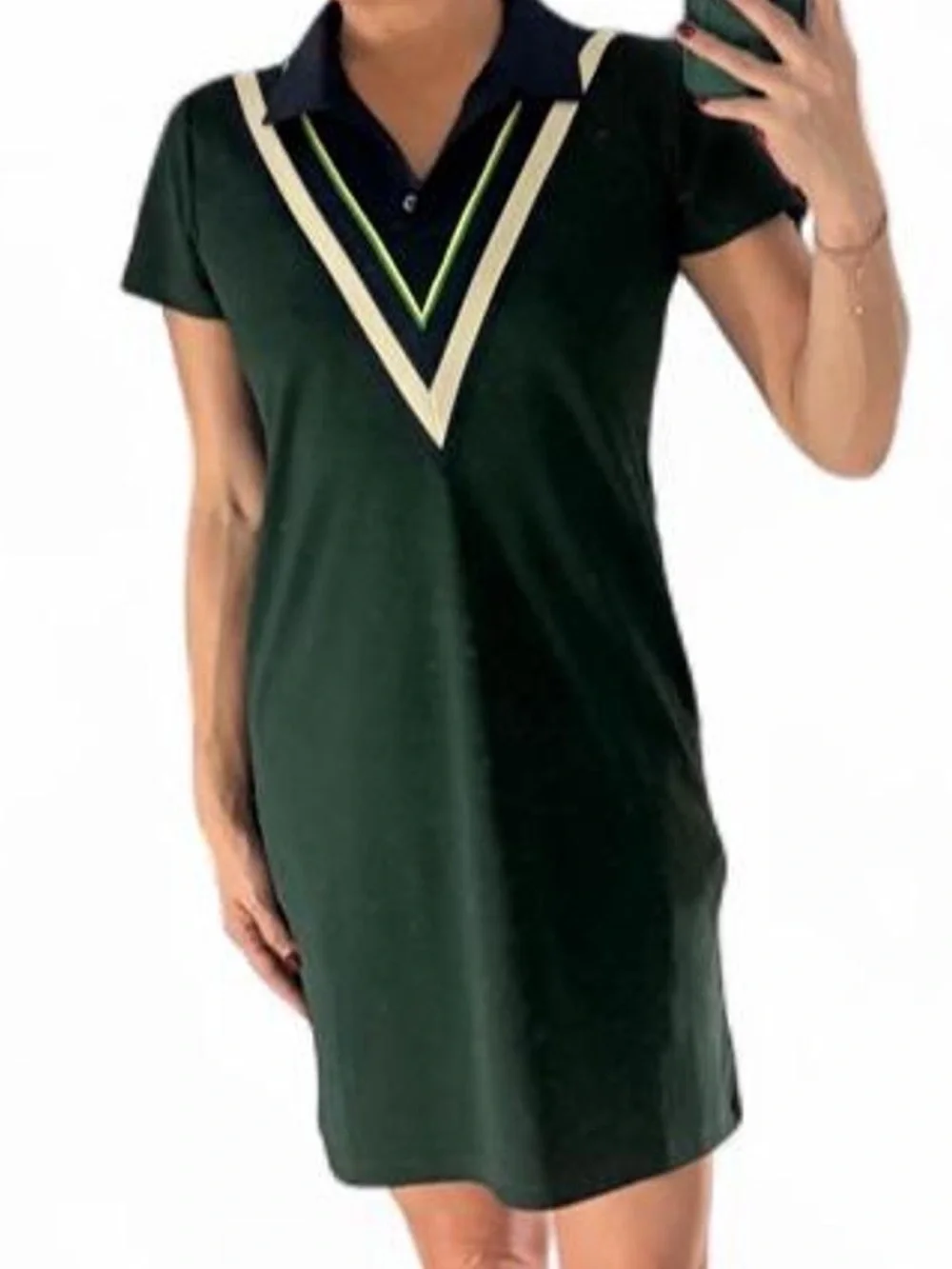 Tory Burch Forest Green Polo Dress with Navy and Cream V-Trim
